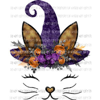 Cat face # 1 wearing witch hat brown ears flowers Sublimation transfers Heat Transfer