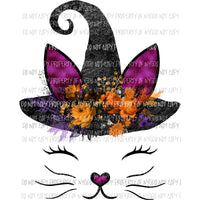 Cat face # 2 wearing black witch hat pink ears flowers Sublimation transfers Heat Transfer