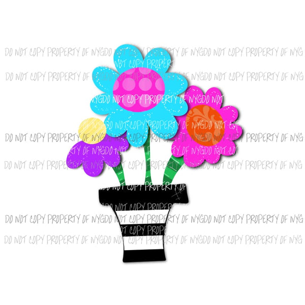 Flower Pot pink blue flowers black stripes Sublimation transfers Heat Transfer