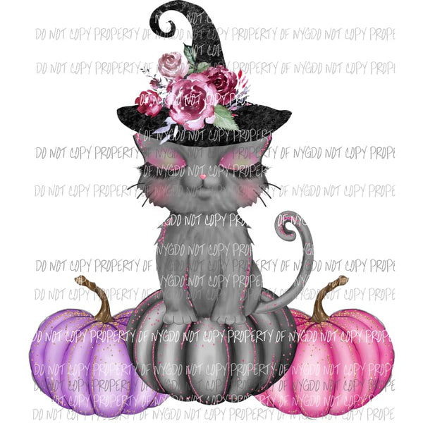 Glamorous Pumpkin Cat pink black witches hat flowers Sublimation transfers Heat Transfer