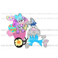 Grey Bunny cart with Pink Bunny Sublimation transfers Heat Transfer