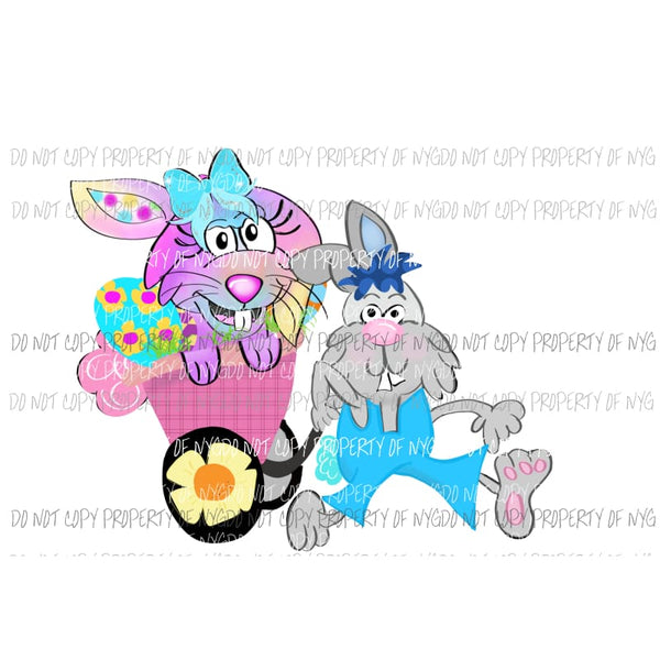 Grey Bunny cart with Pink Bunny Sublimation transfers Heat Transfer