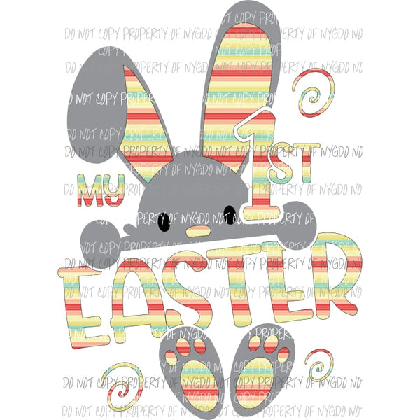 My 1st Easter grey bunny yellow red stripes Sublimation transfers Heat Transfer