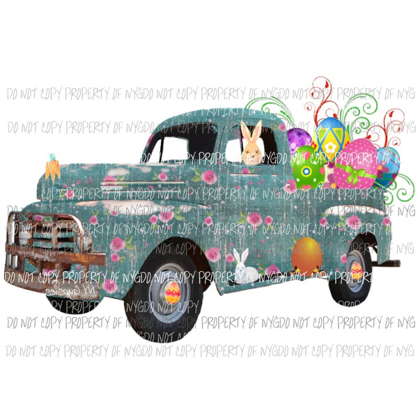 Teal Easter Bunny Truck Sublimation transfers Heat Transfer