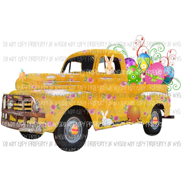 Yellow Easter Bunny Truck Sublimation transfers Heat Transfer